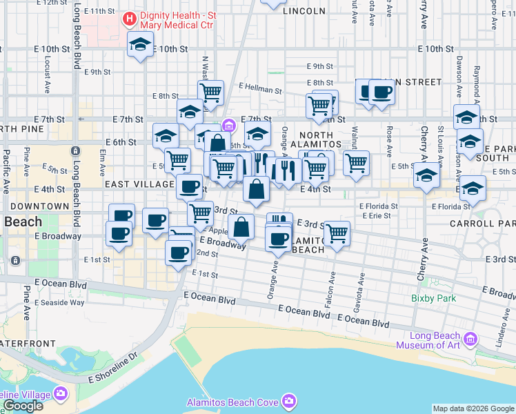 map of restaurants, bars, coffee shops, grocery stores, and more near 1129 East 3rd Street in Long Beach