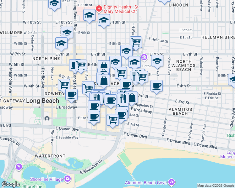 map of restaurants, bars, coffee shops, grocery stores, and more near 320 Lime Avenue in Long Beach