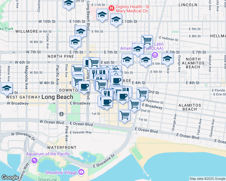 map of restaurants, bars, coffee shops, grocery stores, and more near 317 Linden Avenue in Long Beach