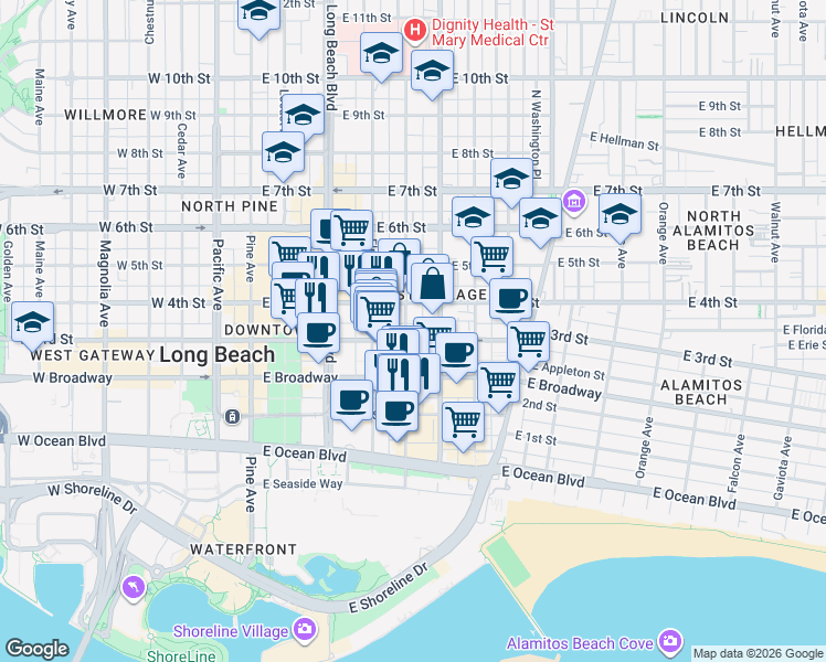 map of restaurants, bars, coffee shops, grocery stores, and more near in Long Beach