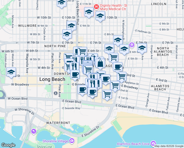 map of restaurants, bars, coffee shops, grocery stores, and more near in Long Beach