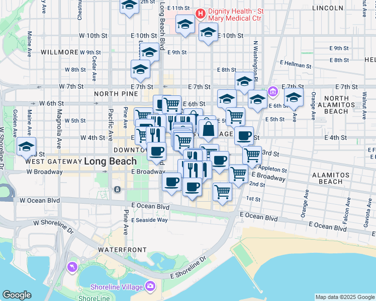 map of restaurants, bars, coffee shops, grocery stores, and more near in Long Beach