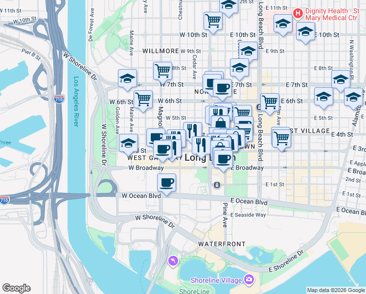 map of restaurants, bars, coffee shops, grocery stores, and more near in Long Beach