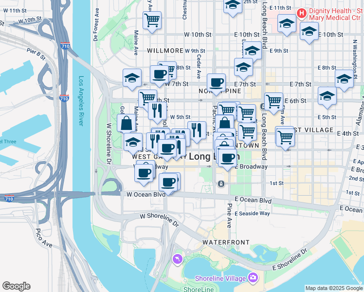 map of restaurants, bars, coffee shops, grocery stores, and more near 322 North Virginia Court in Long Beach