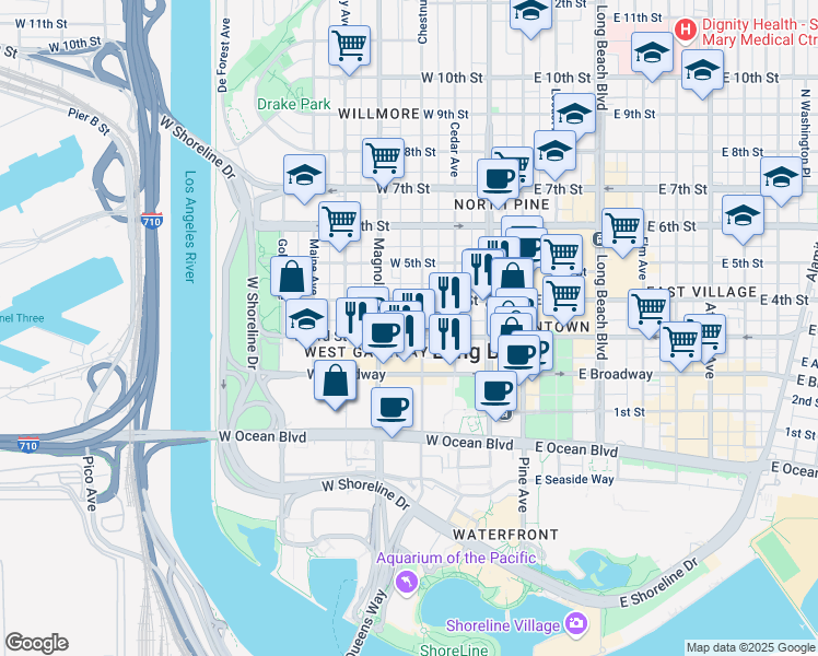 map of restaurants, bars, coffee shops, grocery stores, and more near 322 North Virginia Court in Long Beach