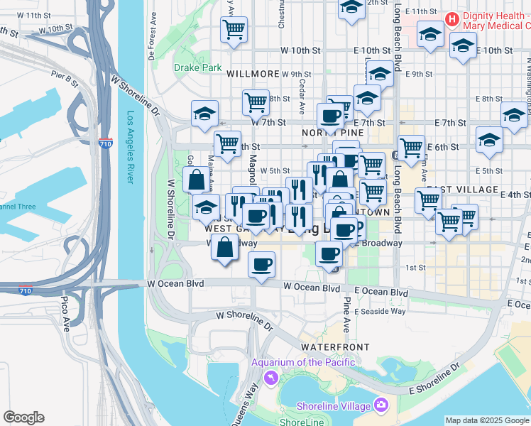 map of restaurants, bars, coffee shops, grocery stores, and more near 322 North Virginia Court in Long Beach
