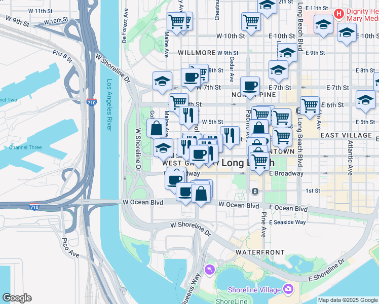 map of restaurants, bars, coffee shops, grocery stores, and more near 515 West 3rd Street in Long Beach
