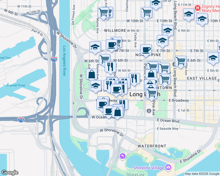 map of restaurants, bars, coffee shops, grocery stores, and more near 515 West 3rd Street in Long Beach