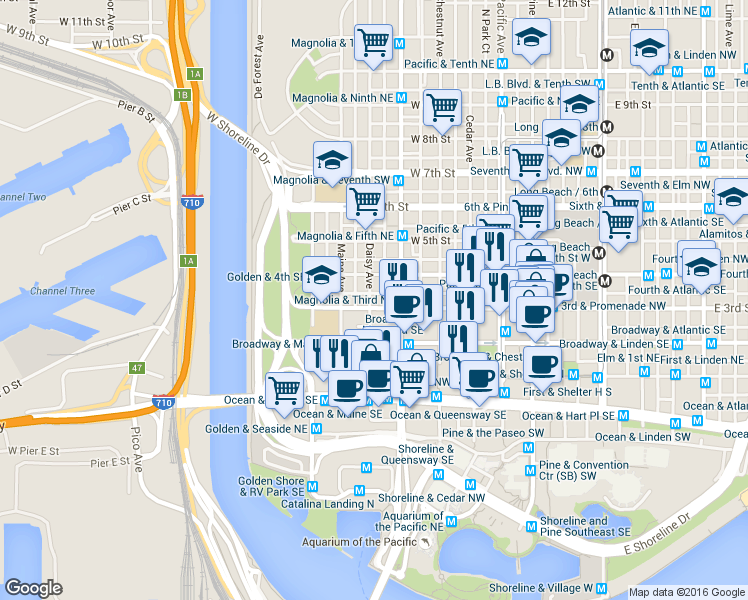 map of restaurants, bars, coffee shops, grocery stores, and more near 515 West 3rd Street in Long Beach