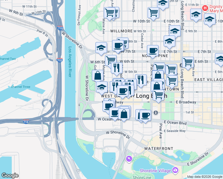 map of restaurants, bars, coffee shops, grocery stores, and more near in Long Beach