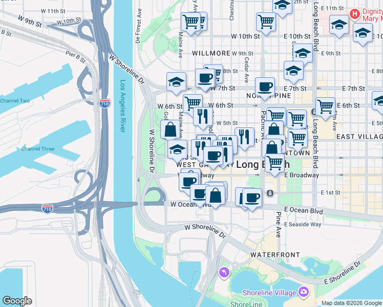 map of restaurants, bars, coffee shops, grocery stores, and more near 316 North Nylic Court in Long Beach