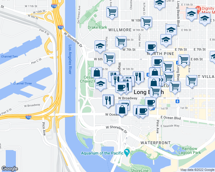 map of restaurants, bars, coffee shops, grocery stores, and more near 316 North Nylic Court in Long Beach