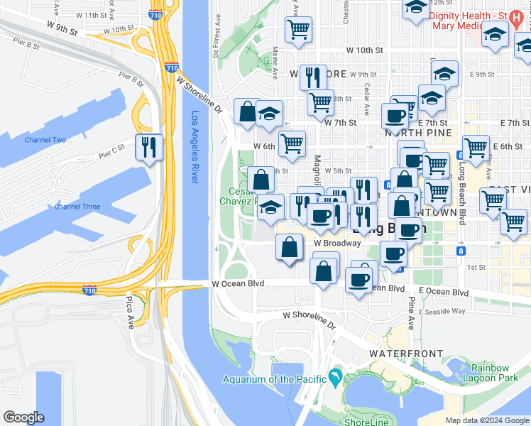 map of restaurants, bars, coffee shops, grocery stores, and more near 815 West 3rd Street in Long Beach