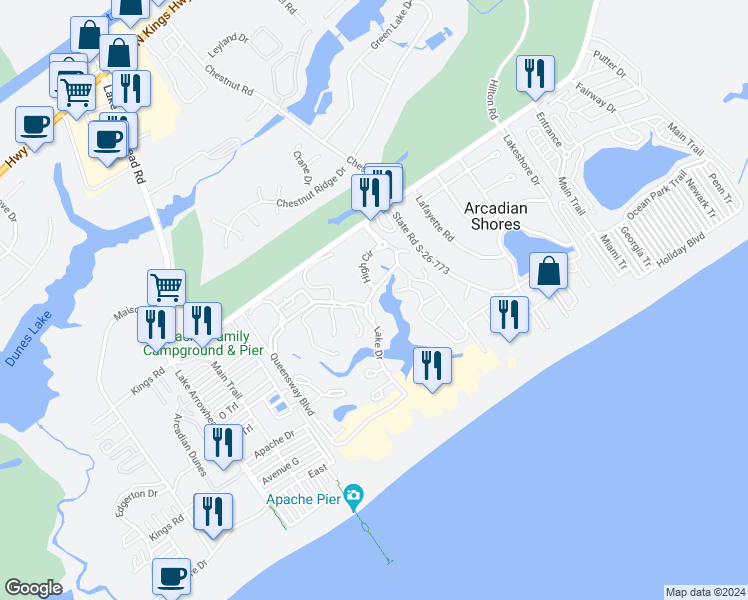 map of restaurants, bars, coffee shops, grocery stores, and more near 302 Westbury Court in Myrtle Beach