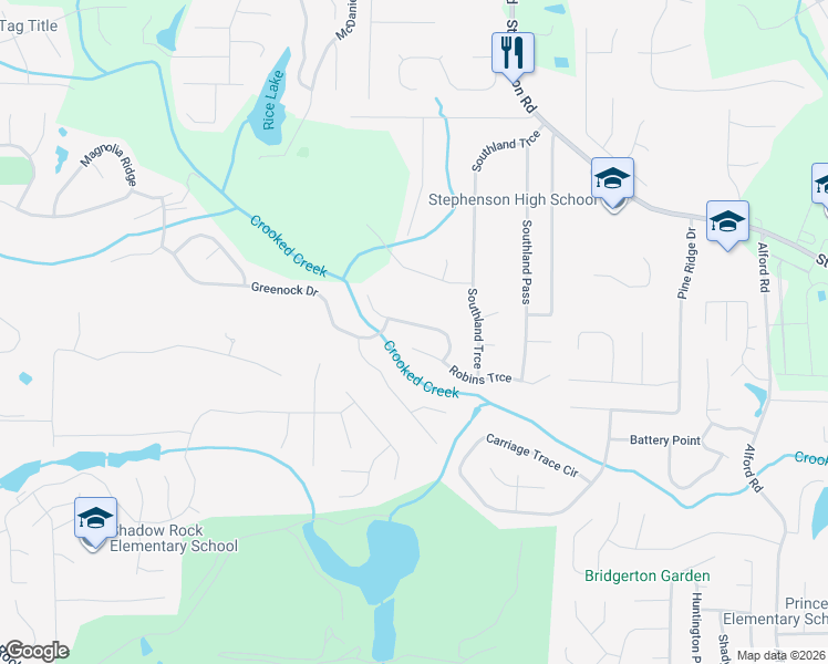 map of restaurants, bars, coffee shops, grocery stores, and more near 6596 Norcliffe Drive in Stone Mountain