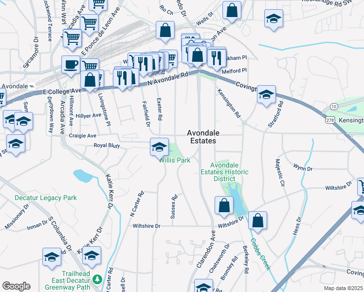 map of restaurants, bars, coffee shops, grocery stores, and more near 50 Dartmouth Avenue in Avondale Estates