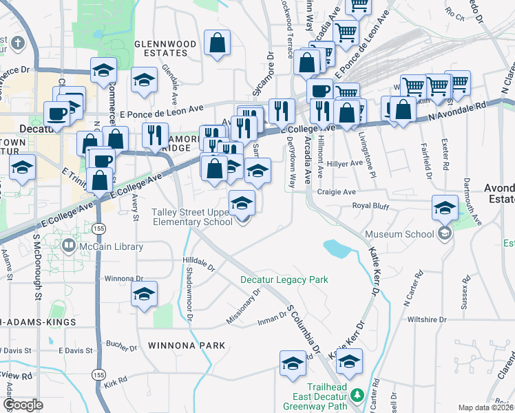 map of restaurants, bars, coffee shops, grocery stores, and more near 2630 Talley Street in Decatur