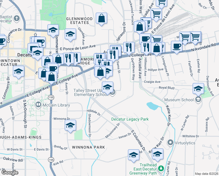 map of restaurants, bars, coffee shops, grocery stores, and more near 2634 Talley Street in Decatur