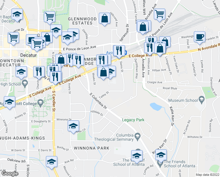 map of restaurants, bars, coffee shops, grocery stores, and more near 151 New Street in Decatur