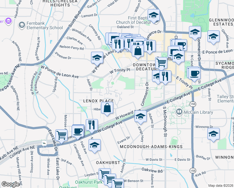 map of restaurants, bars, coffee shops, grocery stores, and more near 105 Mary Gay Court in Decatur