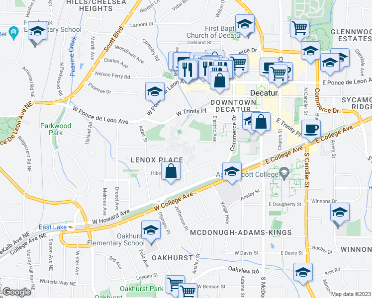 map of restaurants, bars, coffee shops, grocery stores, and more near 105 Mary Gay Court in Decatur