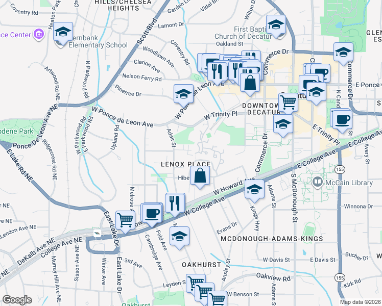 map of restaurants, bars, coffee shops, grocery stores, and more near 135 Ridley Lane in Decatur