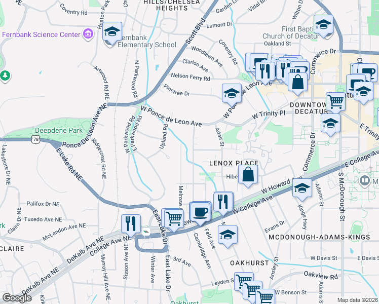 map of restaurants, bars, coffee shops, grocery stores, and more near 428 Drexel Avenue in Decatur