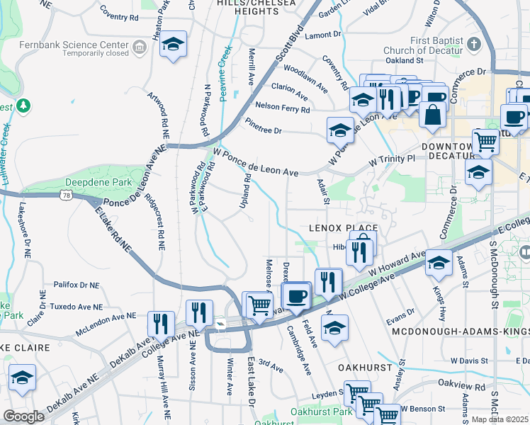 map of restaurants, bars, coffee shops, grocery stores, and more near 424 Melrose Avenue in Decatur