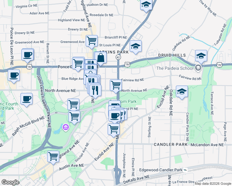 map of restaurants, bars, coffee shops, grocery stores, and more near 608 Moreland Avenue Northeast in Atlanta