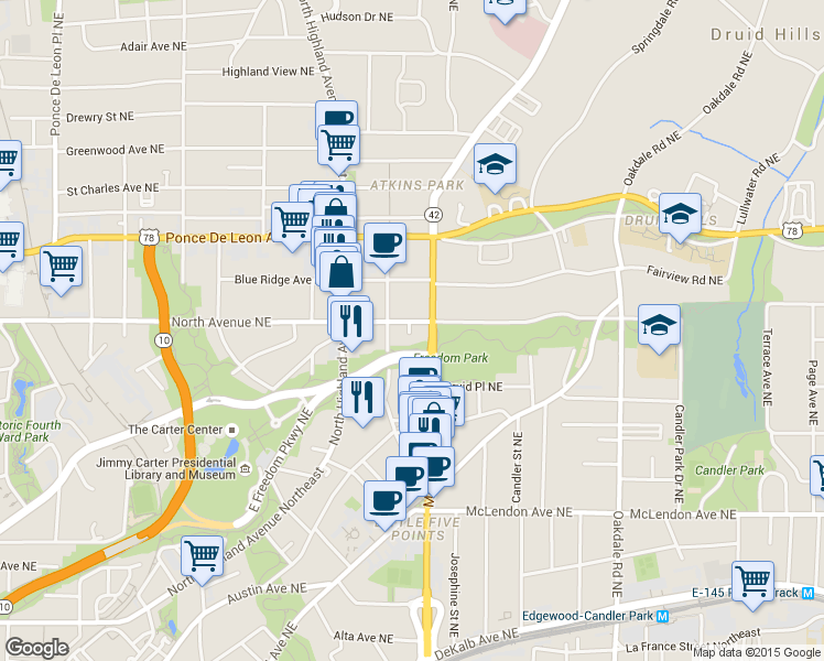 map of restaurants, bars, coffee shops, grocery stores, and more near 608 Moreland Avenue Northeast in Atlanta