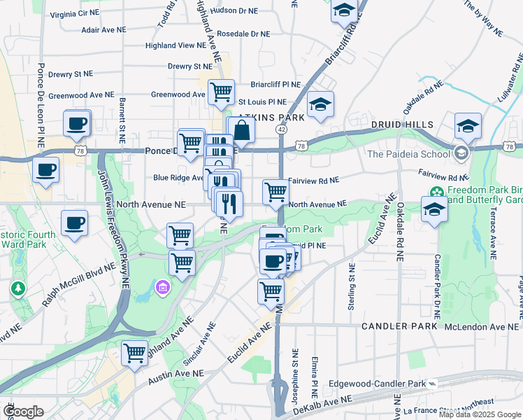 map of restaurants, bars, coffee shops, grocery stores, and more near 608 Moreland Avenue Northeast in Atlanta