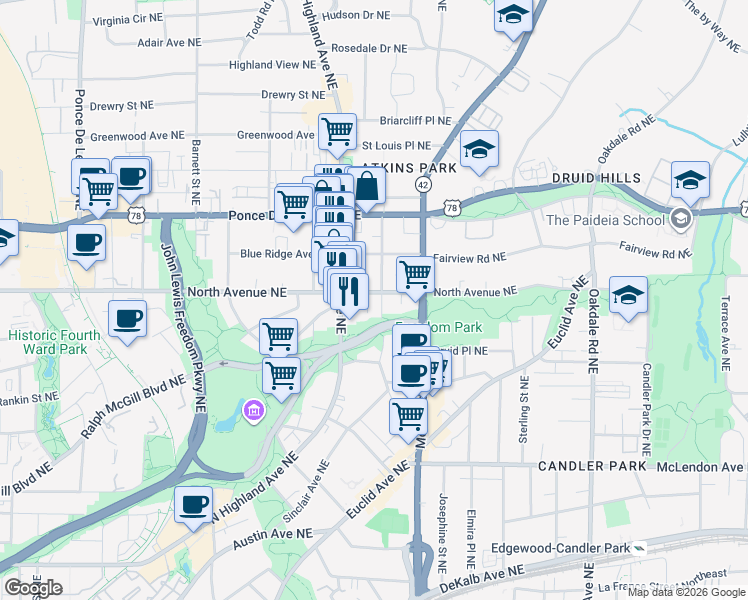 map of restaurants, bars, coffee shops, grocery stores, and more near 608 Seminole Avenue Northeast in Atlanta