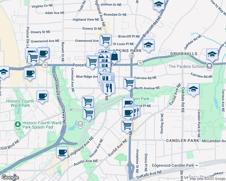 map of restaurants, bars, coffee shops, grocery stores, and more near 608 Seminole Avenue Northeast in Atlanta