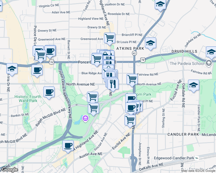 map of restaurants, bars, coffee shops, grocery stores, and more near in Atlanta