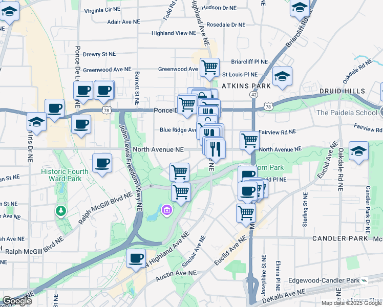 map of restaurants, bars, coffee shops, grocery stores, and more near 1021 North Avenue Northeast in Atlanta