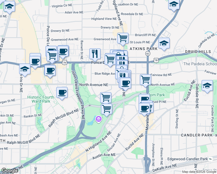 map of restaurants, bars, coffee shops, grocery stores, and more near 977 North Avenue Northeast in Atlanta