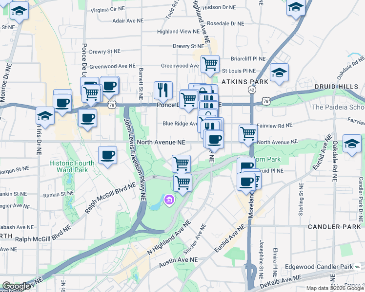 map of restaurants, bars, coffee shops, grocery stores, and more near 977 North Avenue Northeast in Atlanta