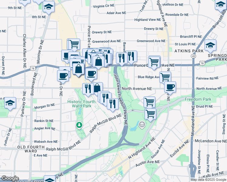 map of restaurants, bars, coffee shops, grocery stores, and more near 829 North Avenue Northeast in Atlanta