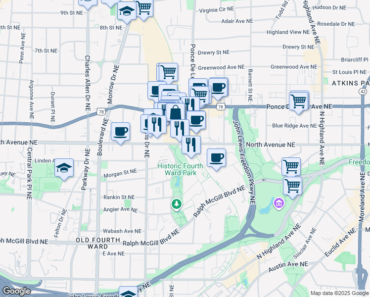 map of restaurants, bars, coffee shops, grocery stores, and more near 695 North Avenue Northeast in Atlanta