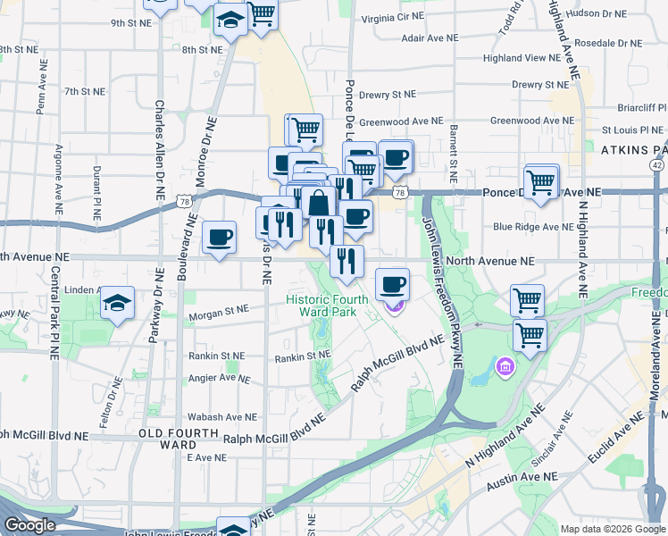 map of restaurants, bars, coffee shops, grocery stores, and more near 695 North Avenue Northeast in Atlanta