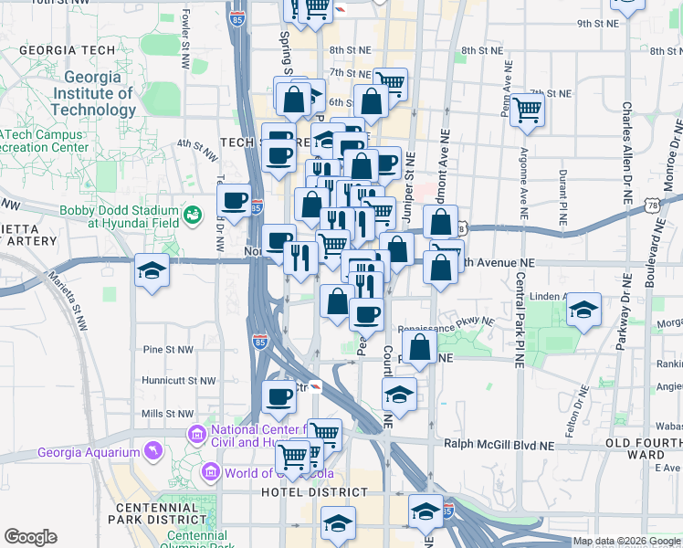 map of restaurants, bars, coffee shops, grocery stores, and more near in Atlanta