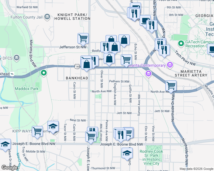 map of restaurants, bars, coffee shops, grocery stores, and more near in Atlanta
