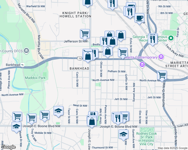 map of restaurants, bars, coffee shops, grocery stores, and more near 593 Joseph E. Lowery Boulevard Northwest in Atlanta
