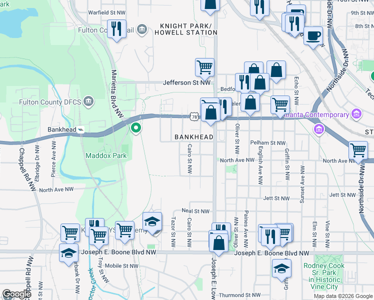 map of restaurants, bars, coffee shops, grocery stores, and more near 593 Simmons Street Northwest in Atlanta