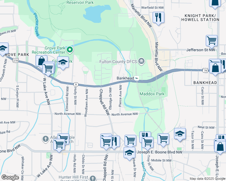 map of restaurants, bars, coffee shops, grocery stores, and more near 573 Elbridge Drive Northwest in Atlanta