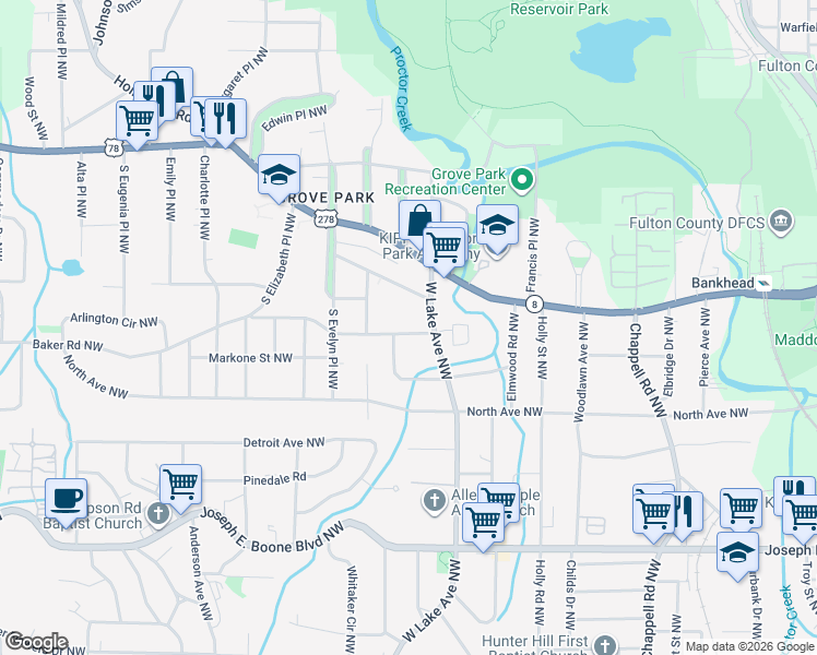 map of restaurants, bars, coffee shops, grocery stores, and more near in Atlanta
