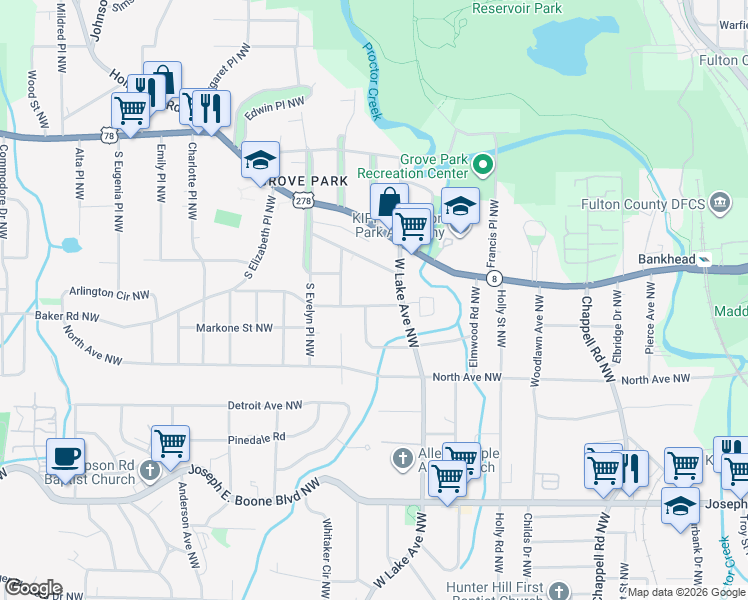 map of restaurants, bars, coffee shops, grocery stores, and more near in Atlanta