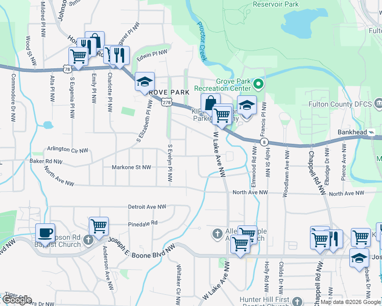 map of restaurants, bars, coffee shops, grocery stores, and more near 1743 Madrona Street Northwest in Atlanta