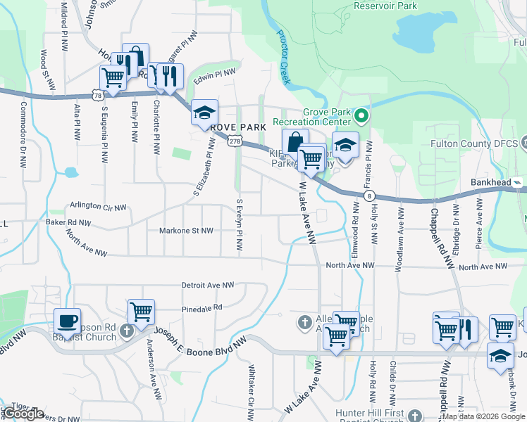 map of restaurants, bars, coffee shops, grocery stores, and more near 1743 Madrona Street Northwest in Atlanta