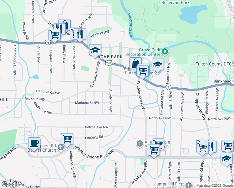 map of restaurants, bars, coffee shops, grocery stores, and more near 575 South Evelyn Place Northwest in Atlanta